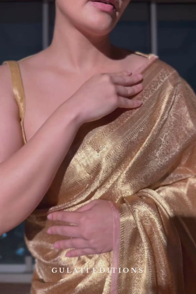 Natasha Luthra in our Handwoven Molten Gold Pure Tissue Brocade Saree