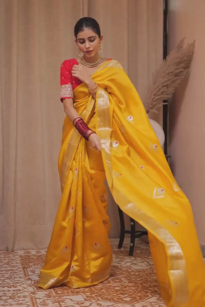 Ayushi Rajput in our handwoven yellow silk saree