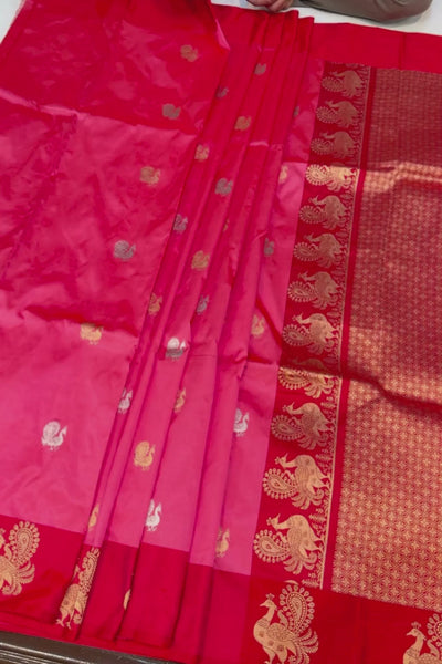 Handwoven bubblegum pink animal motif saree