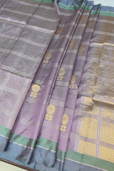 Handwoven lilac check pure silk saree