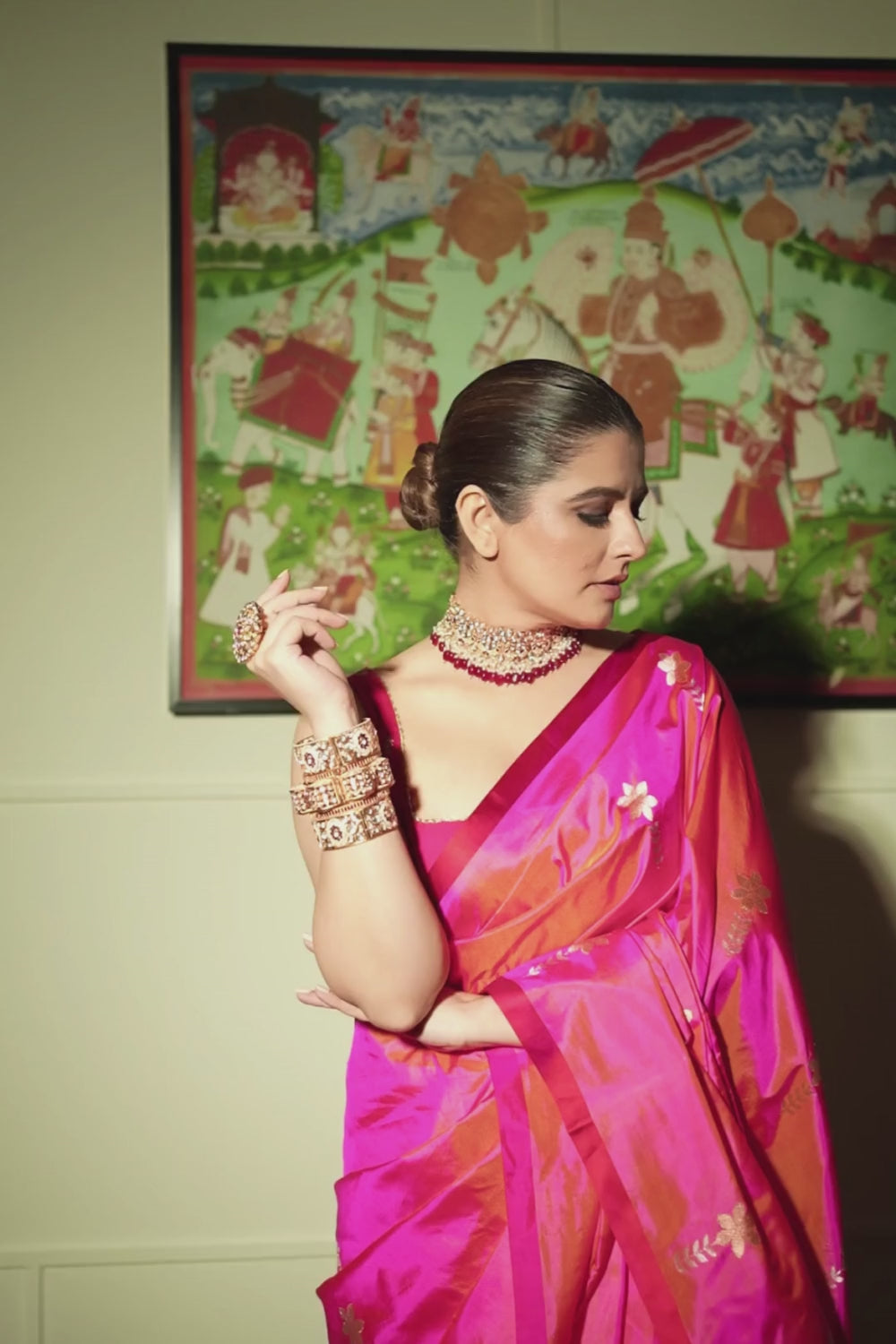 Natasha Luthra in our handwoven shot pink silk saree