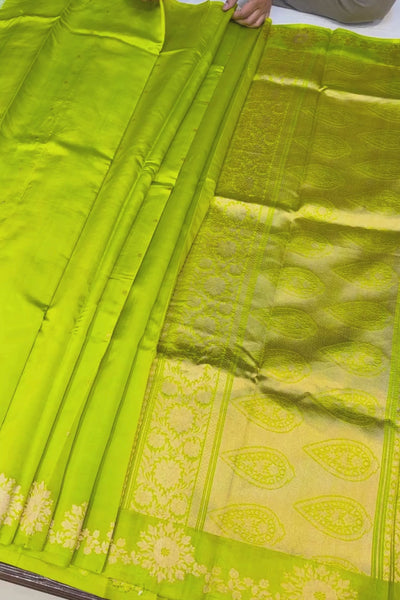 Handwoven lime green pure silk saree