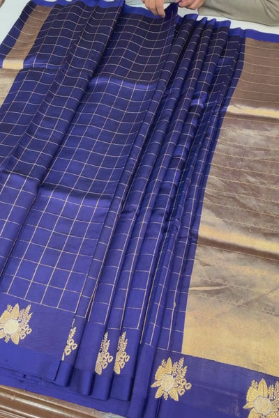 Handwoven blue check pure silk saree