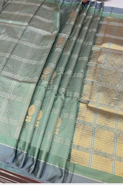 Handwoven sage green check pure silk saree