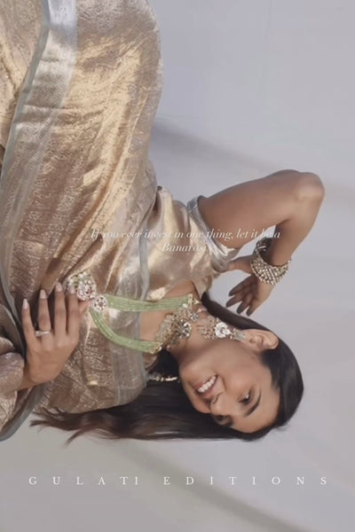 Masoom Minawala in our Handwoven Molten Gold-Silver Pure Tissue Brocade Saree