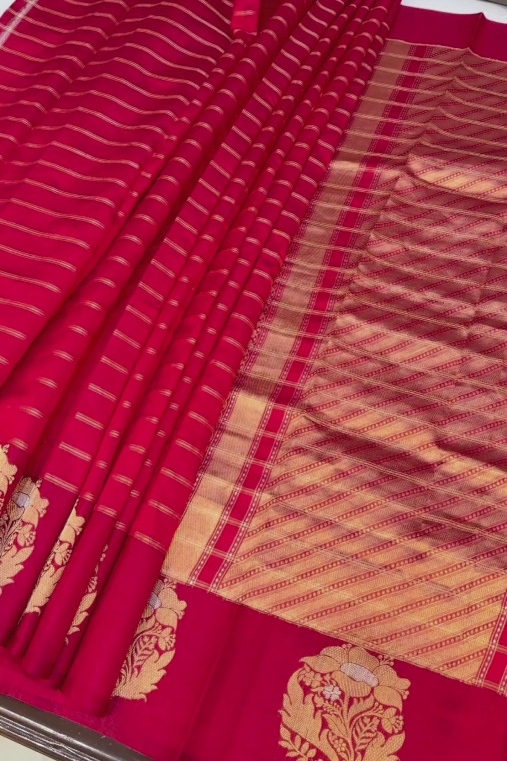 Handwoven red stripe pure silk saree