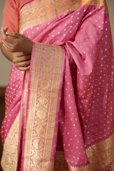 HANDWOVEN BUBBLEGUM PINK SATIN SILK SAREE