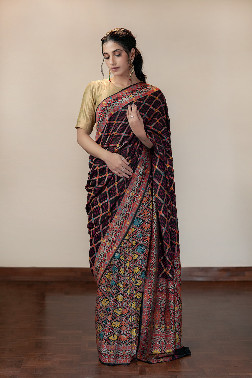 HANDWOVEN BLACK SHIKARGAH BANDHEJ SAREE