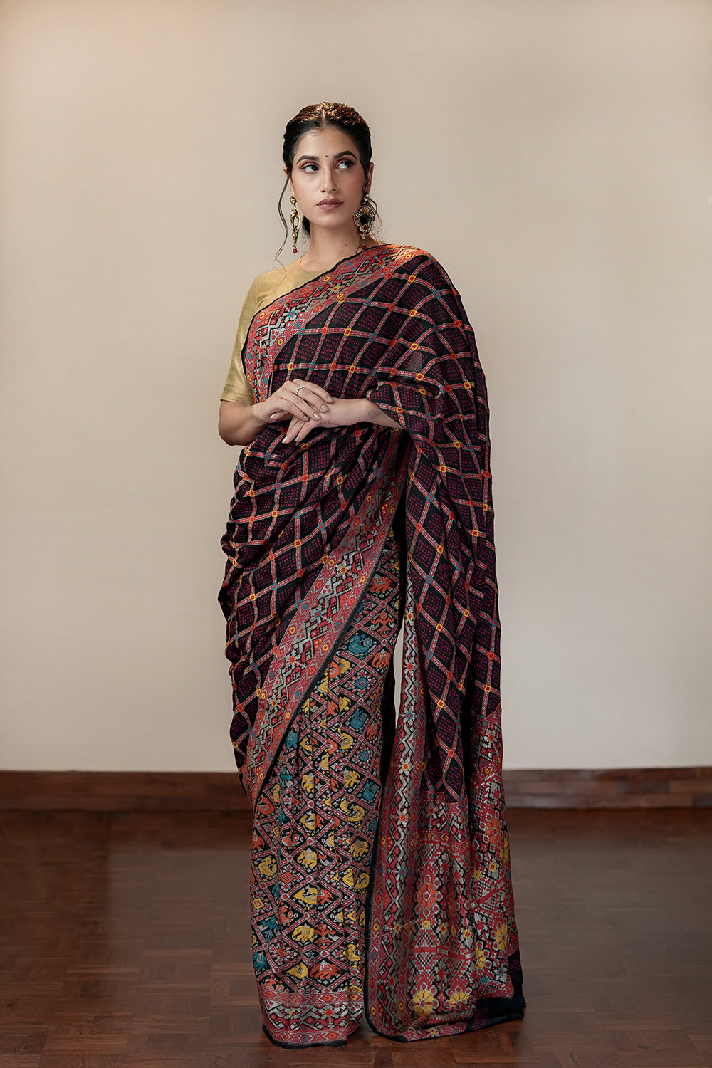 HANDWOVEN BLACK SHIKARGAH BANDHEJ SAREE