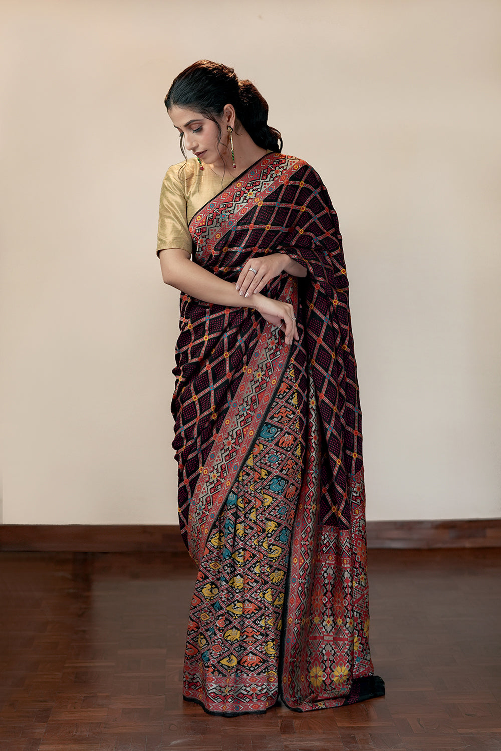 HANDWOVEN BLACK SHIKARGAH BANDHEJ SAREE