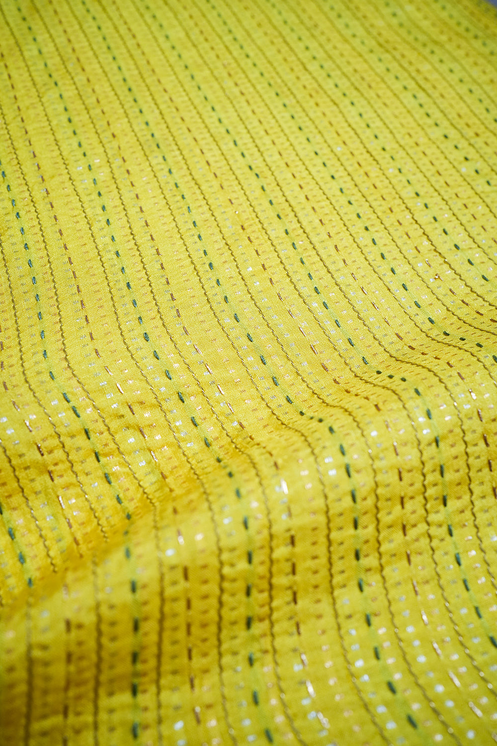 HANDWOVEN LEMON YELLOW EMBROIDERED SILK FABRIC