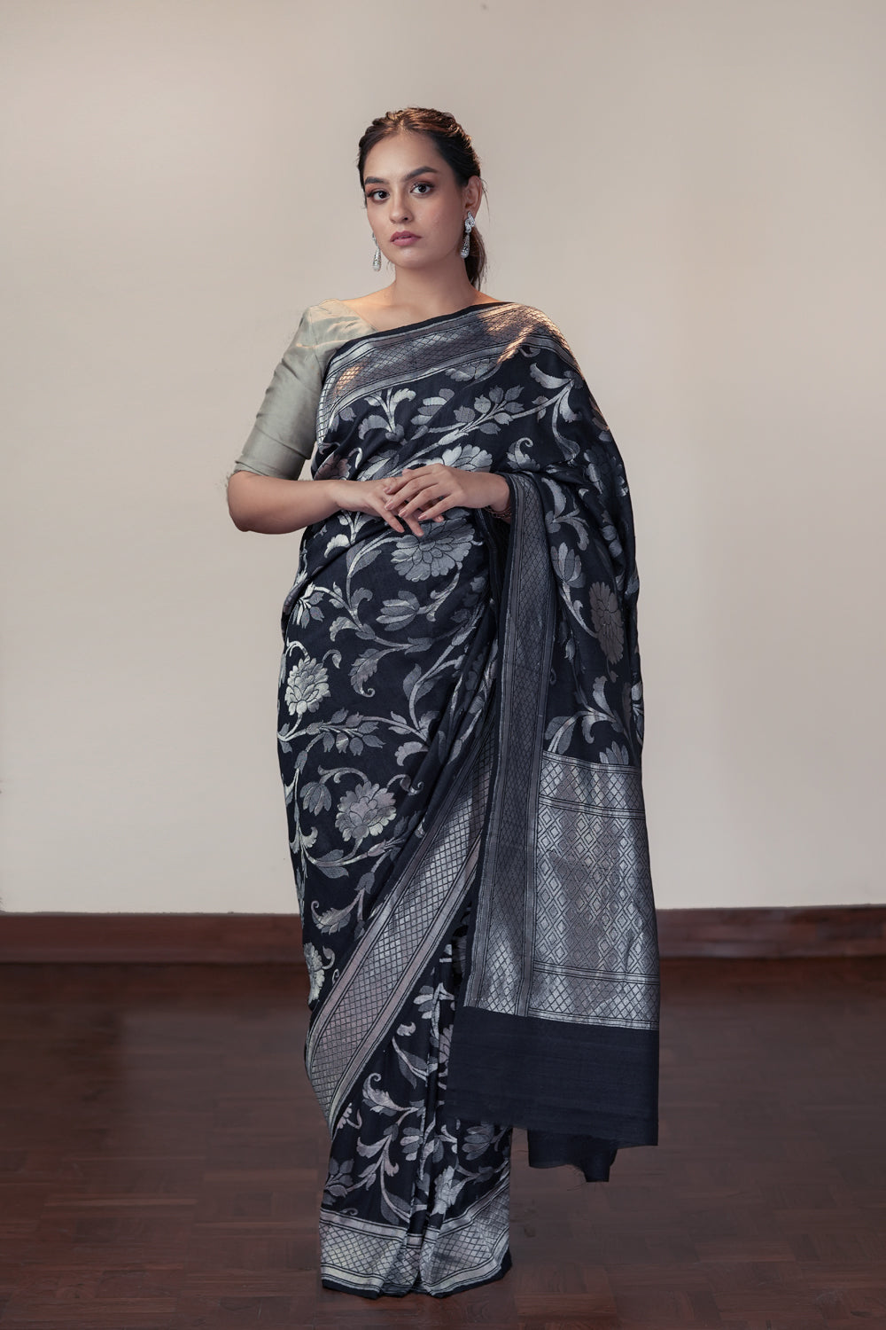 HANDWOVEN BLACK TUSSAR GEORGETTE SAREE