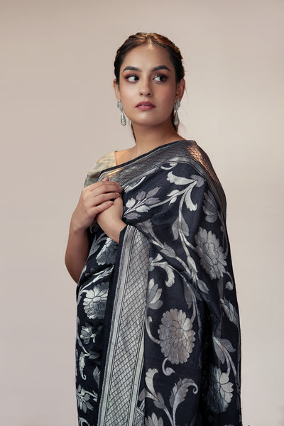 HANDWOVEN BLACK TUSSAR GEORGETTE SAREE