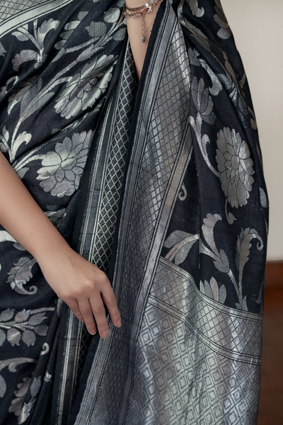 HANDWOVEN BLACK TUSSAR GEORGETTE SAREE