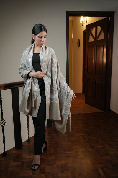 HANDWOVEN BEIGE KASHMIRI EMBROIDERED PASHMINA SHAWL