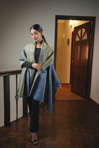 HANDWOVEN REVERSIBLE DENIM BLUE-ZARI PASHMINA SHAWL