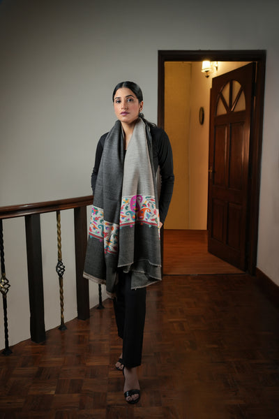 HANNDWOVEN GREY KANNI BORDER PASHMINA SHAWL