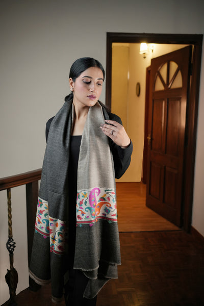 HANNDWOVEN GREY KANNI BORDER PASHMINA SHAWL