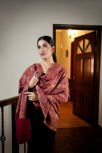 HANDWOVEN MAROON KASHMIRI EMBROIDERED PASHMINA SHAWL