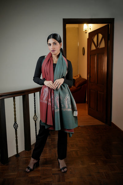 HANDWOVEN REVERSIBLE KASHMIRI EMBROIDERED PASHMINA SHAWL