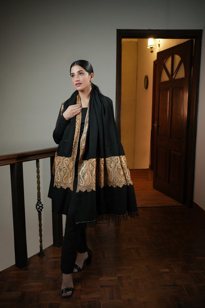 HANDWOVEN BLACK TILLA EMBROIDERED PASHMINA SHAWL