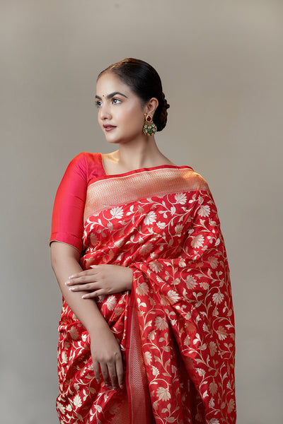 HANDWOVEN RED SILK JANGLA SAREE