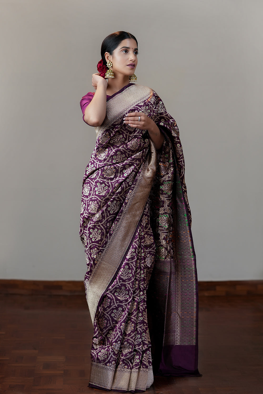 HANDWOVEN WINE MEENAKARI SILK SAREE