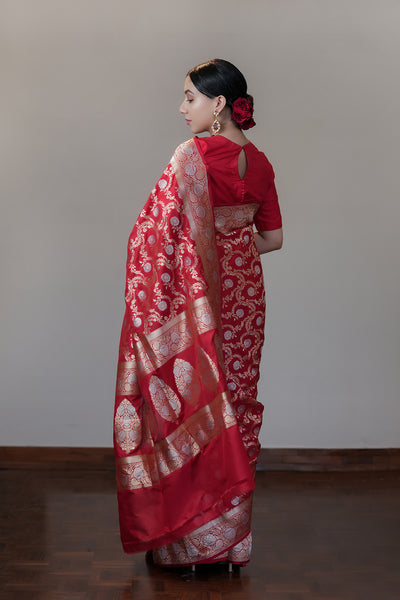 HANDWOVEN SINDOORI RED JANGLA SILK SAREE