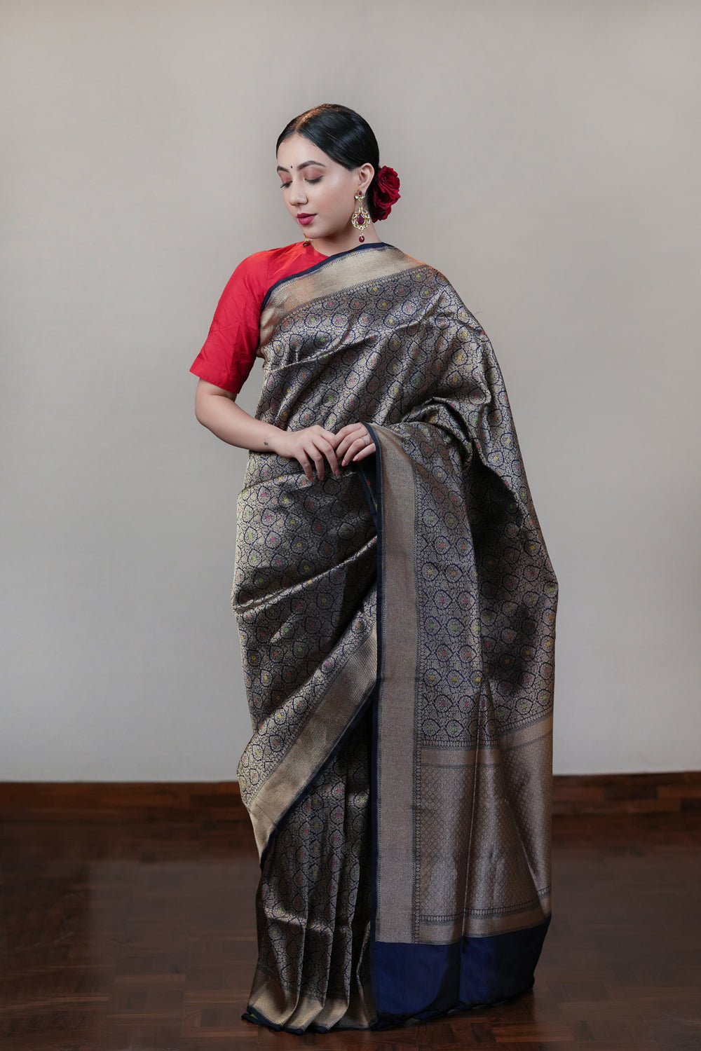 HANDWOVEN NAVY BLUE BROCADE SILK SAREE