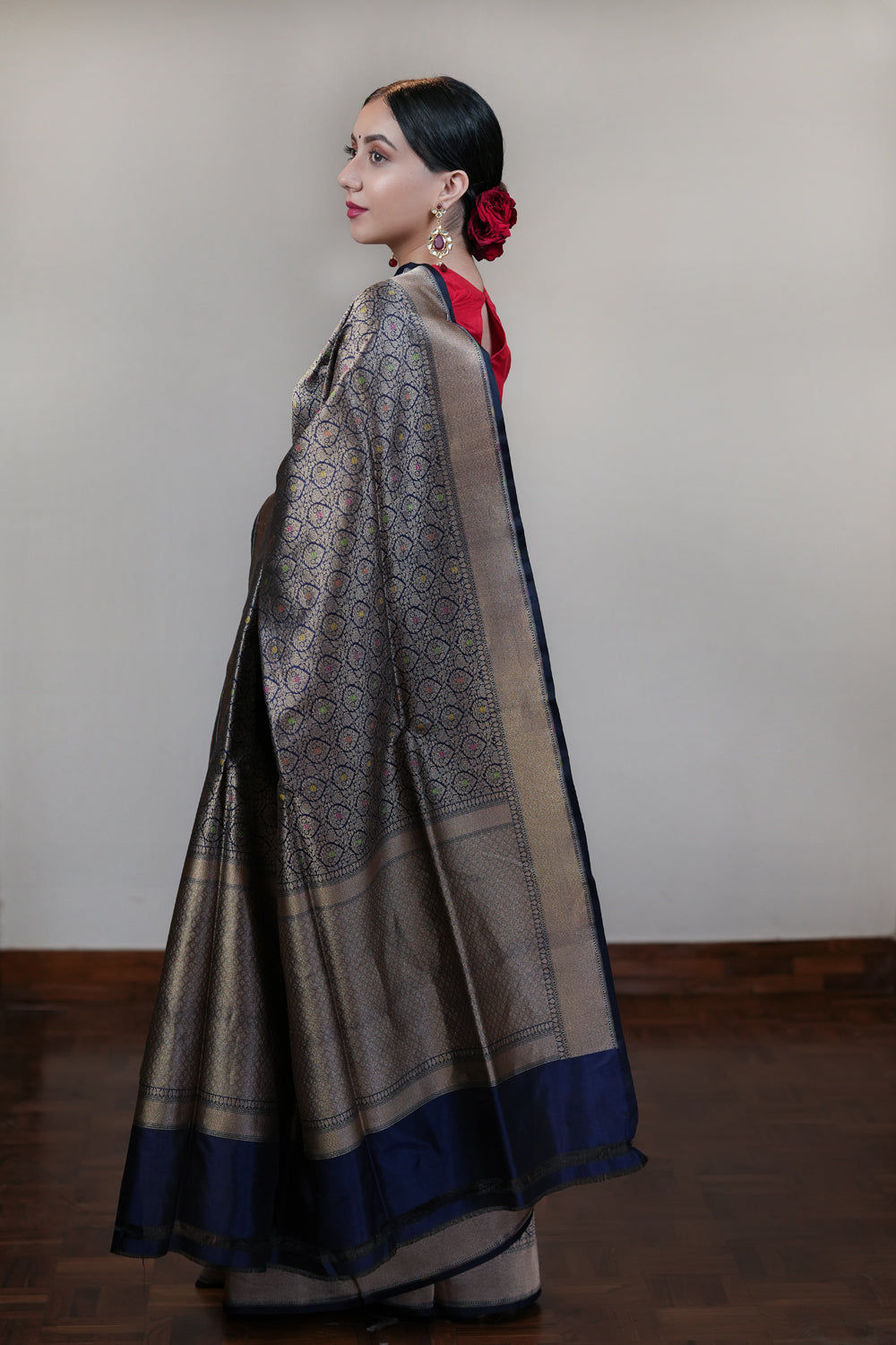 HANDWOVEN NAVY BLUE BROCADE SILK SAREE