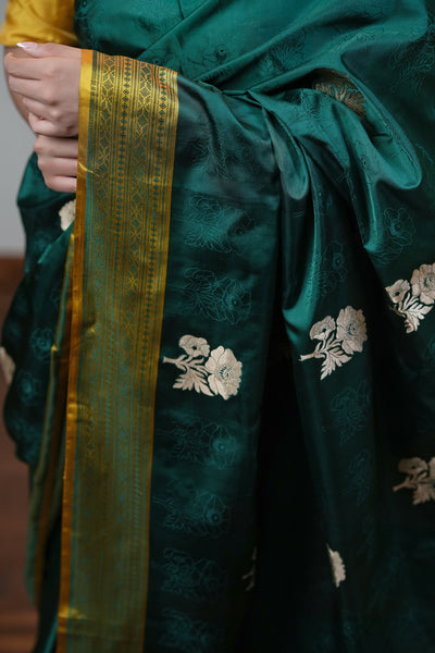 HANDWOVEN  GREEN SATIN SILK SAREE