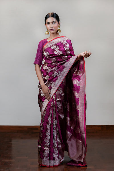 HANDWOVEN WINE TANCHOI SATIN SILK SAREE