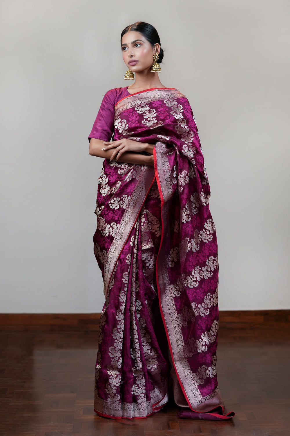 HANDWOVEN WINE TANCHOI SATIN SILK SAREE