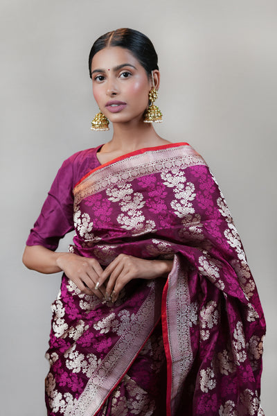 HANDWOVEN WINE TANCHOI SATIN SILK SAREE