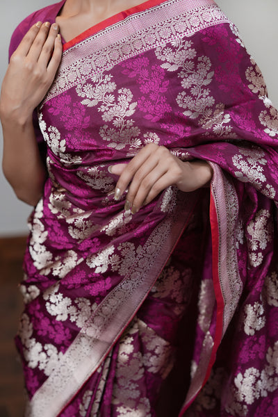 HANDWOVEN WINE TANCHOI SATIN SILK SAREE