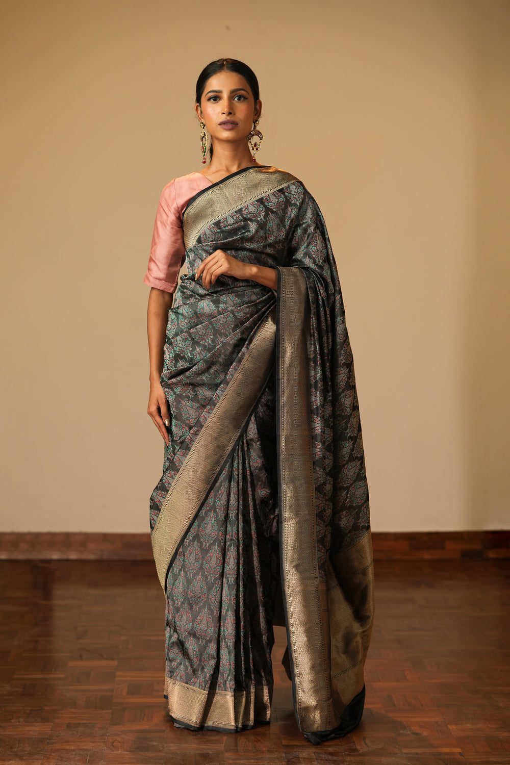 HANDWOVEN CHARCOAL GREY TANCHOI SILK SAREE