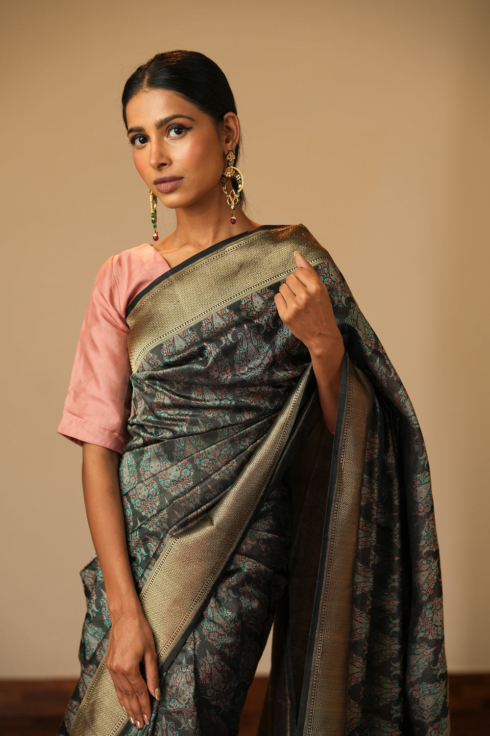 HANDWOVEN CHARCOAL GREY TANCHOI SILK SAREE