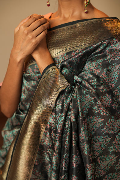 HANDWOVEN CHARCOAL GREY TANCHOI SILK SAREE