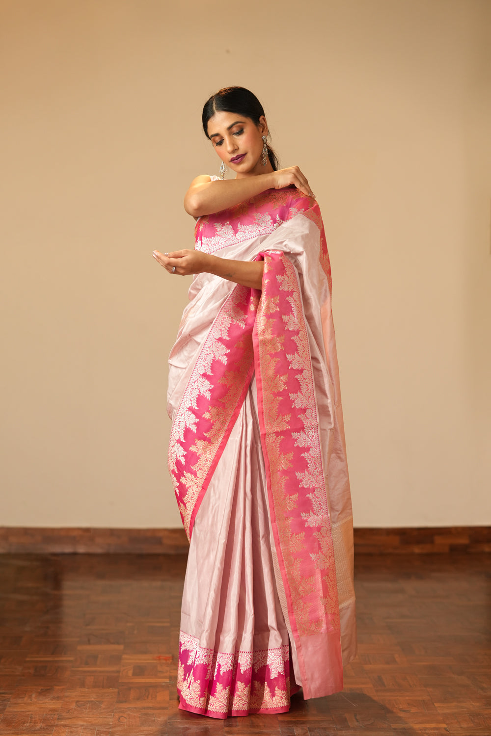 HANDWOVEN LAVENDER SILK SAREE WITH KORA BORDER