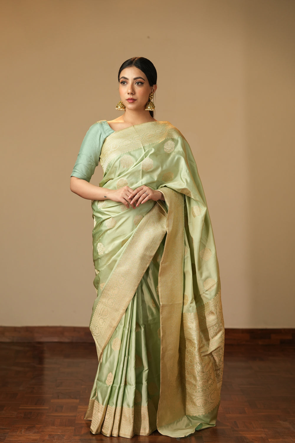 HANDWOVEN MINT GREEN BOOTA SILK SAREE