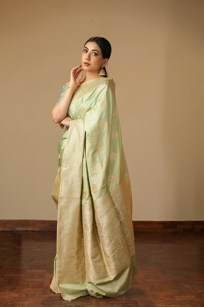 HANDWOVEN MINT GREEN BOOTA SILK SAREE