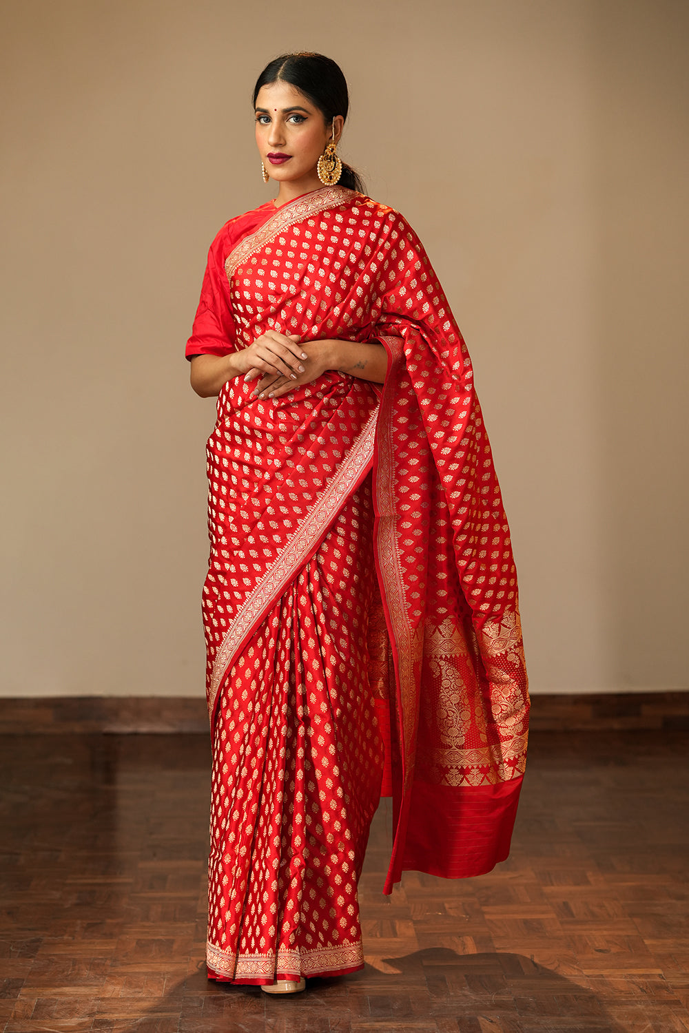 HANDWOVEN RED SATIN SILK SAREE