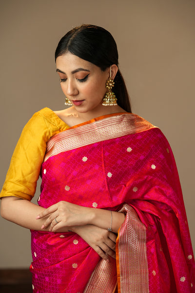 HANDWOVEN RED-PINK TANCHOI SILK SAREE