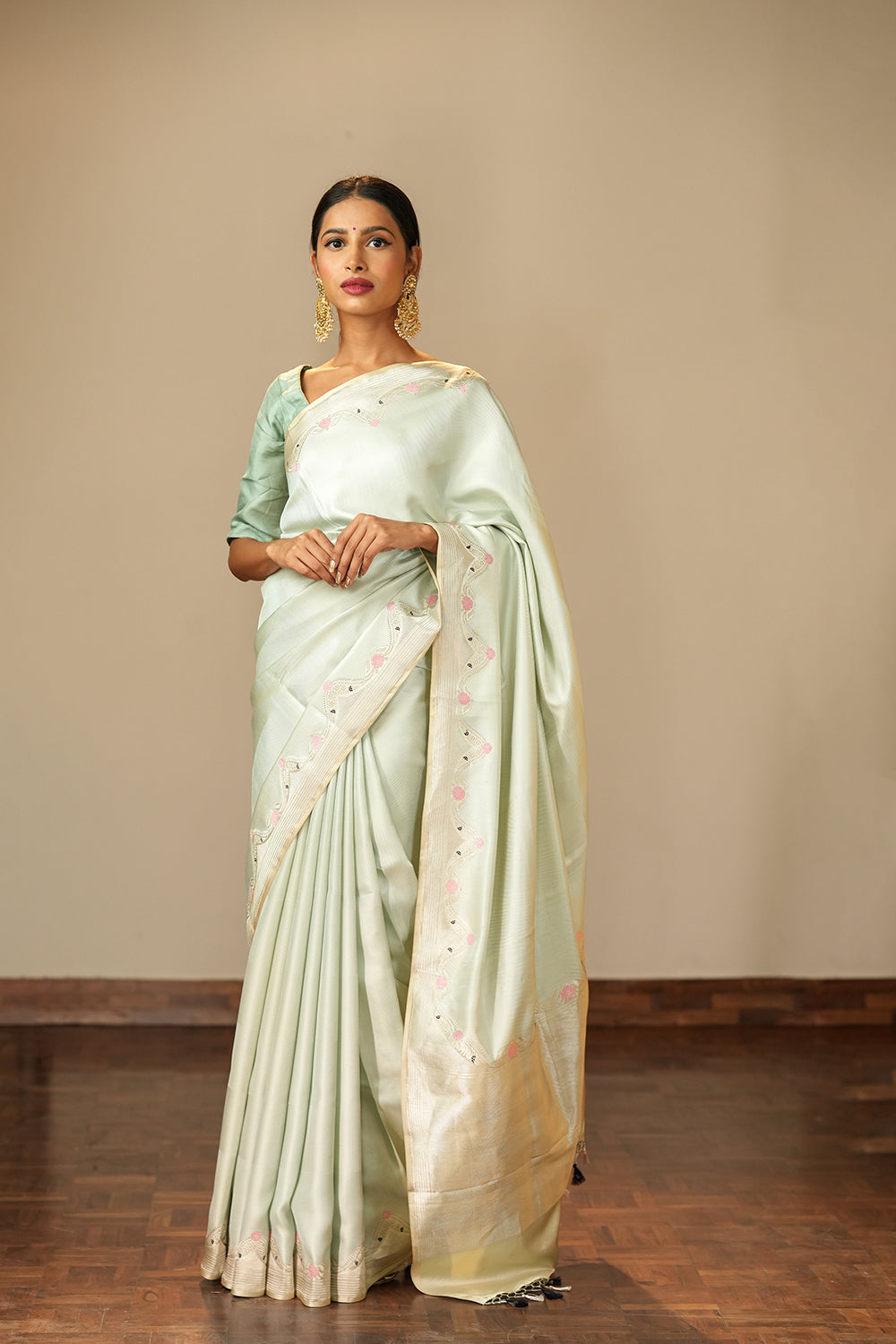 HANDWOVEN POWDER BLUE CONTEMPORARY SATIN SILK SAREE