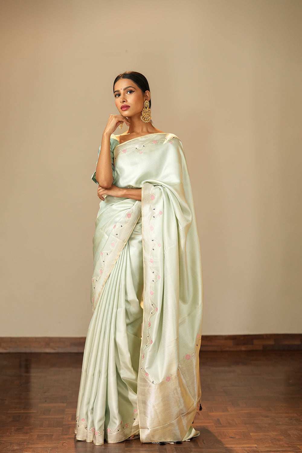 HANDWOVEN POWDER BLUE CONTEMPORARY SATIN SILK SAREE