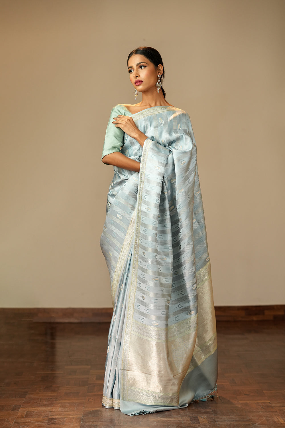 HANDWOVEN ICE BLUE CONTEMPORARY SILK SAREE