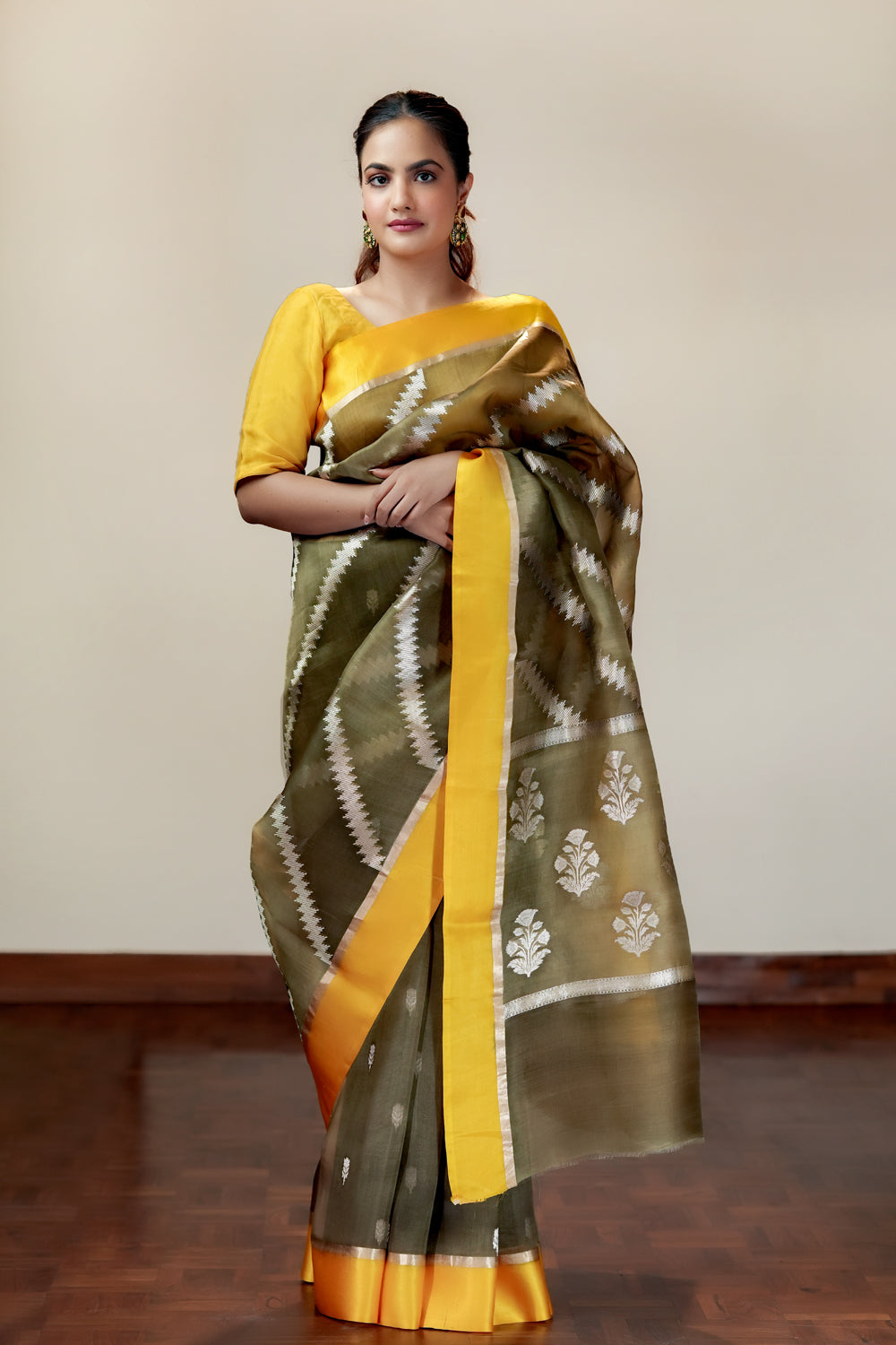 HANDWOVEN OLIVE ORGANZA SAREE