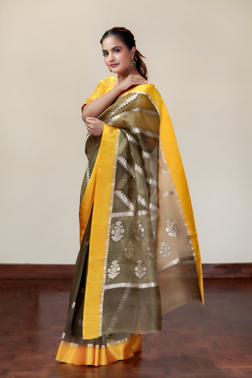 HANDWOVEN OLIVE ORGANZA SAREE