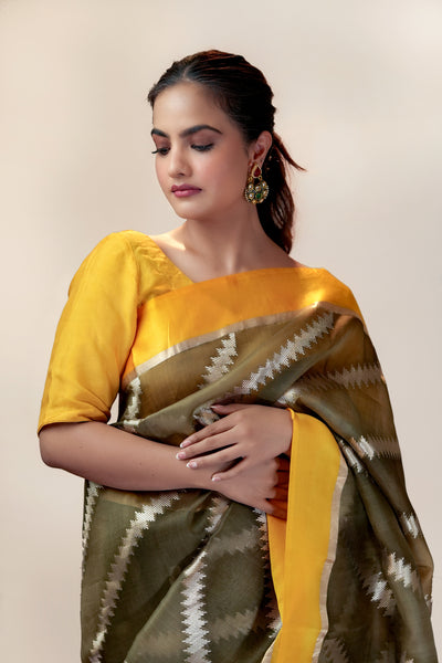 HANDWOVEN OLIVE ORGANZA SAREE