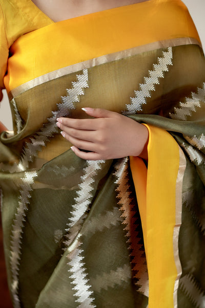 HANDWOVEN OLIVE ORGANZA SAREE